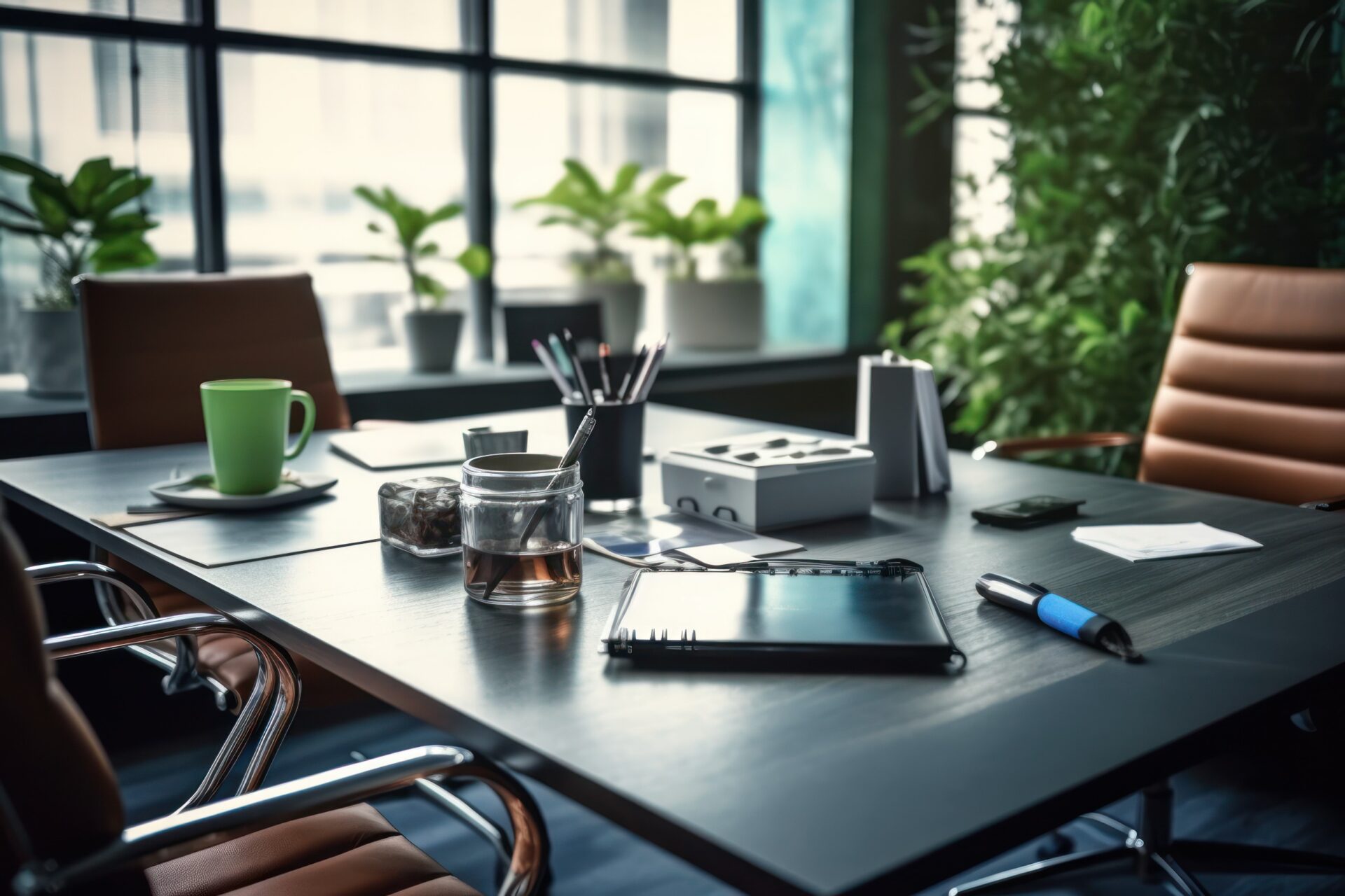 Modern office interior. Workplace with laptop, tablet and coffee cup Modern office interior. Workplace with laptop, tablet and coffee cup
