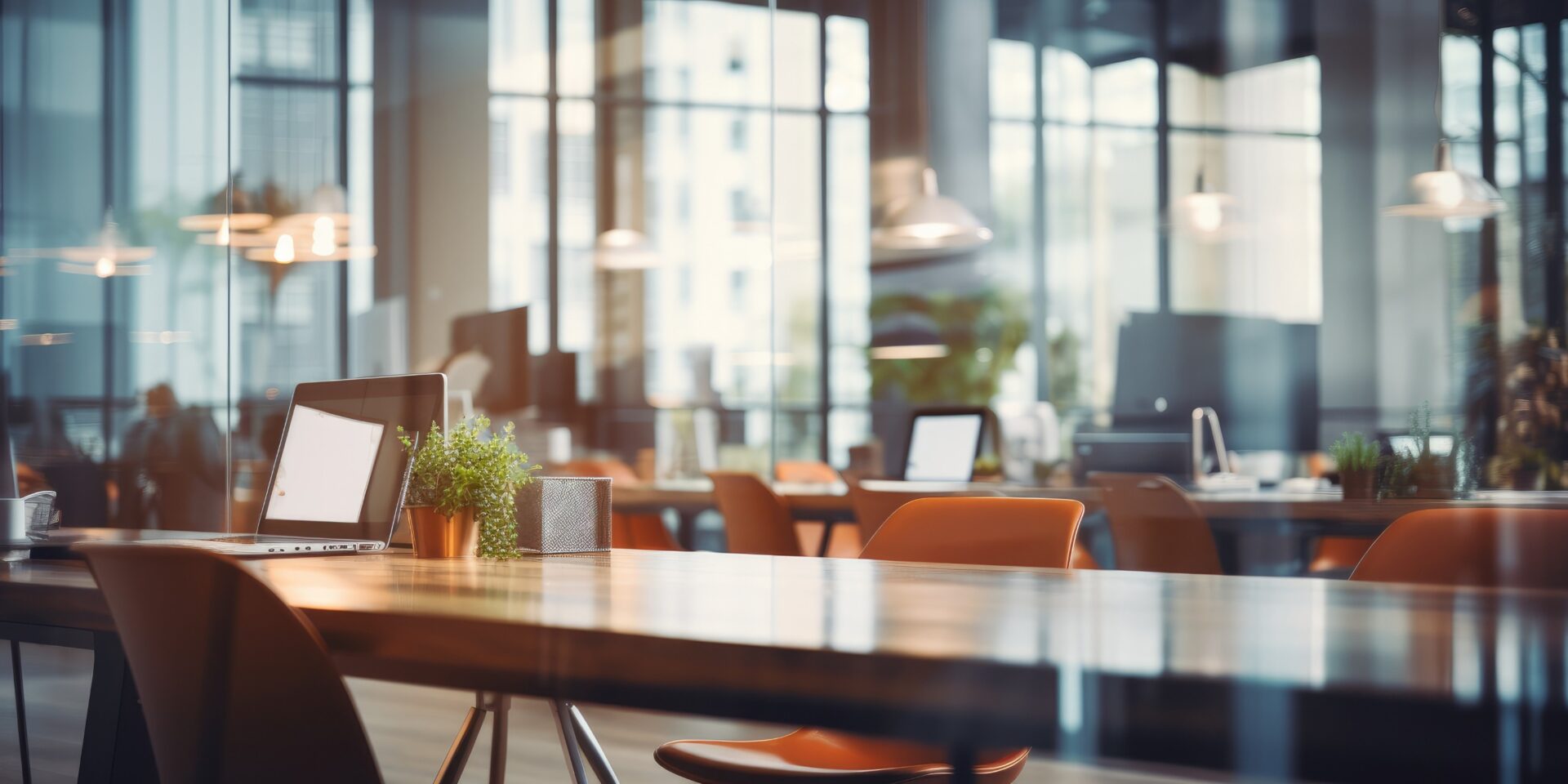3 Modern office interior. Workplace with laptop, tablet and coffee cup